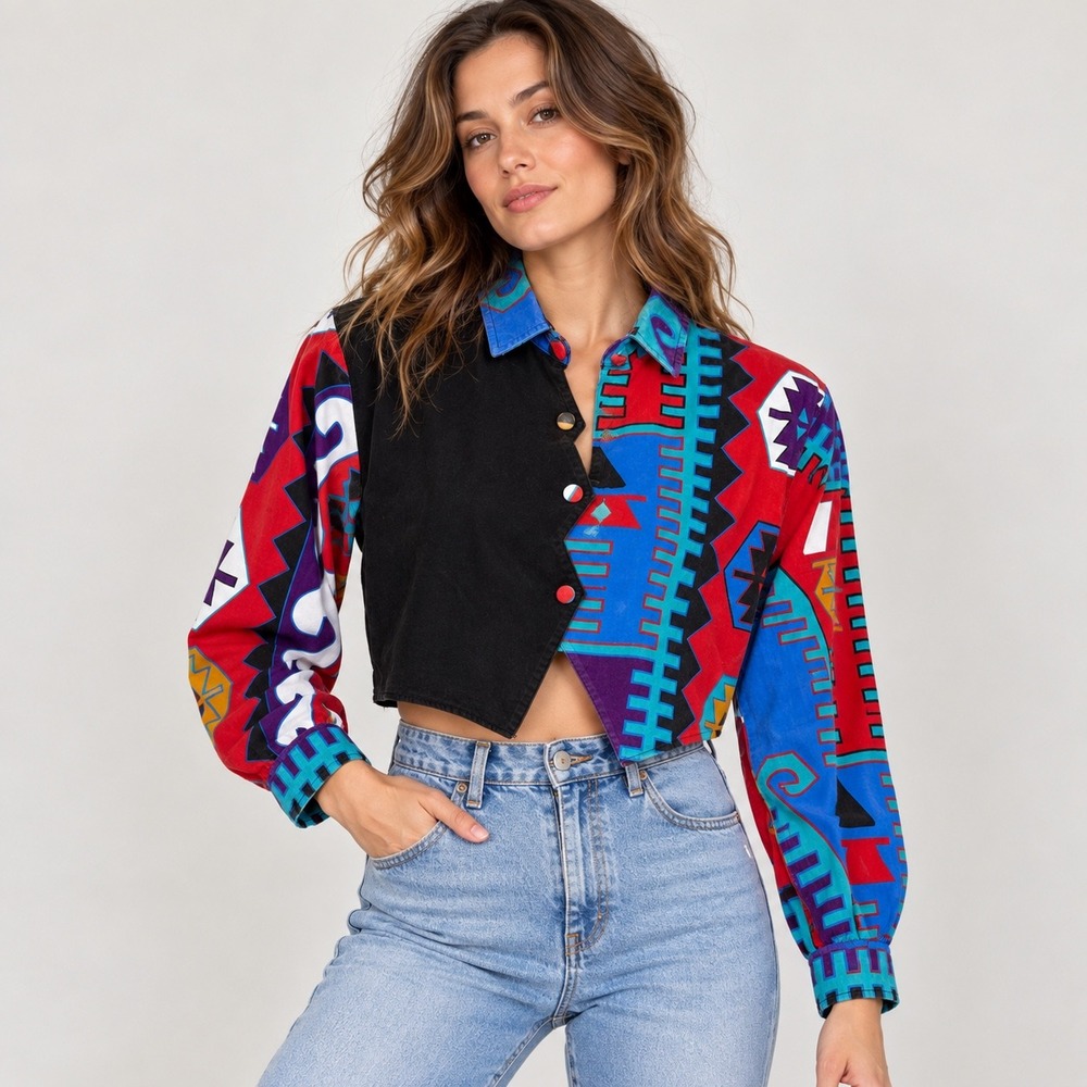 Vintage Roper Button Up Western Shirt Women Medium Southwest Cropped Cowgirl 90s